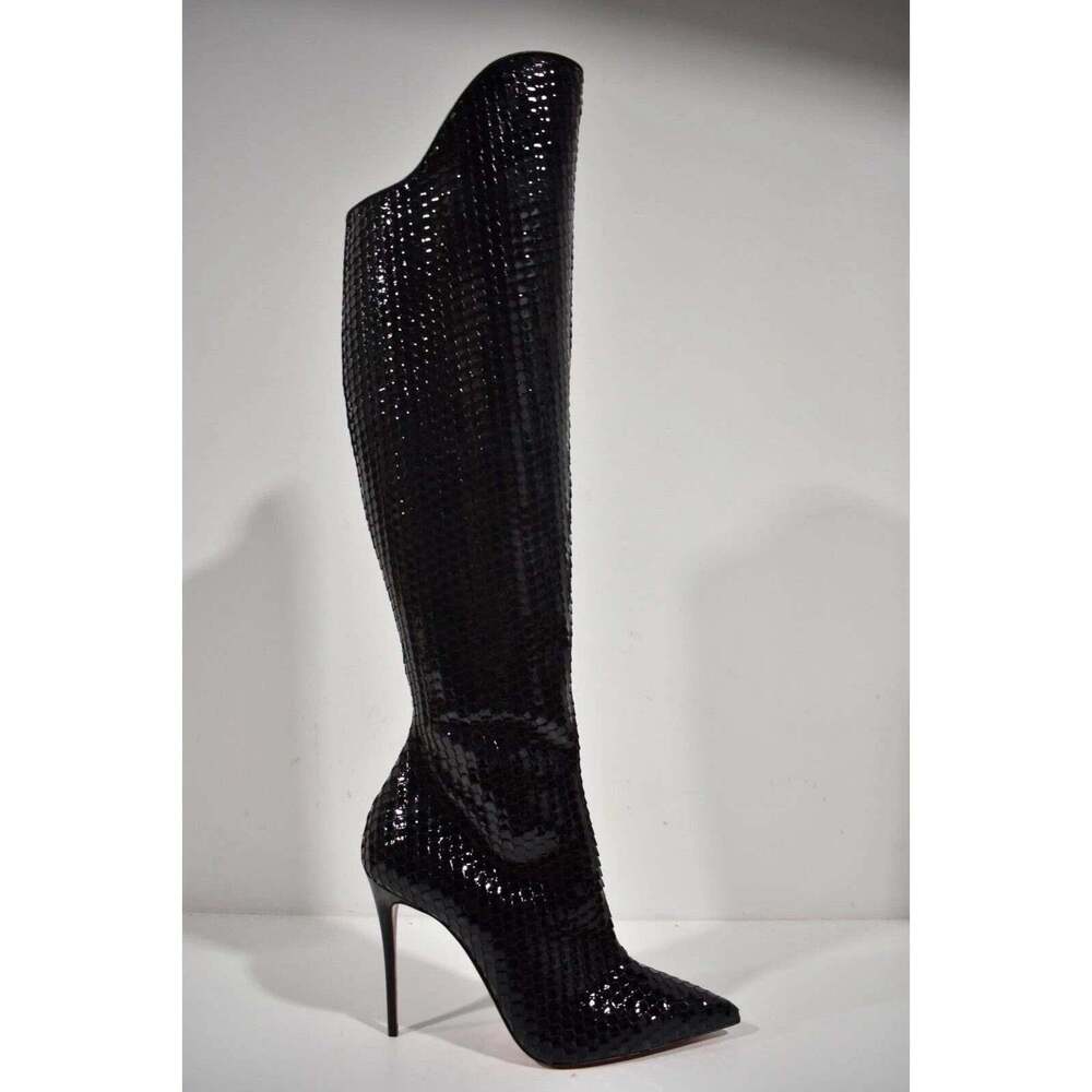 Christian Louboutin Alta Botta 100 Black Patent Bird Knee High OTK Heel Boot 36 - Picture 2 of 11